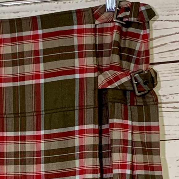 Escada Plaid Tartan Pleated Double Buckle MIDI Skirt Olive Green Red - Picture 13 of 16